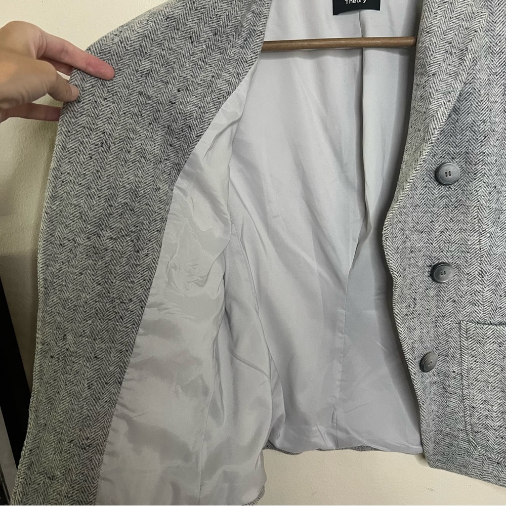Theory Grey Tweed Textured Blazer Career 2 Structured Herringbone Jacket Office - Picture 4 of 7